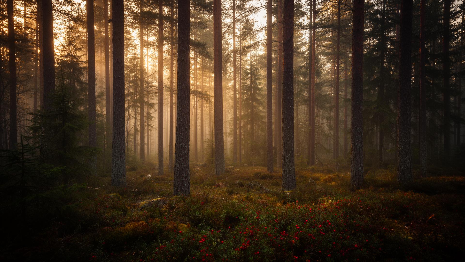 Misty svensk furuskog i gryningen