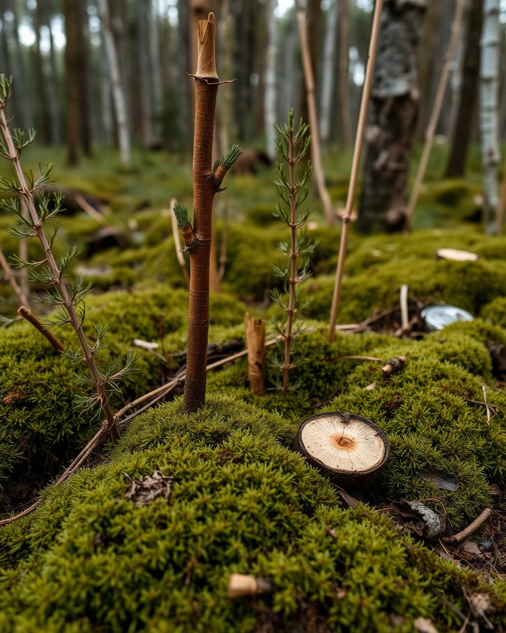 Slyröjning i ung skog med mosstäcke
