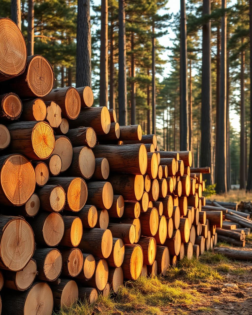 Färskt avverkat virke staplat i kanten av skogen